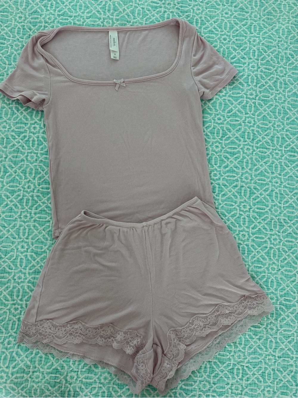 Auden Dusty Rose Short Sleeve Scoop Neck Pajama Set with Lace Trim - Picture 4 of 8